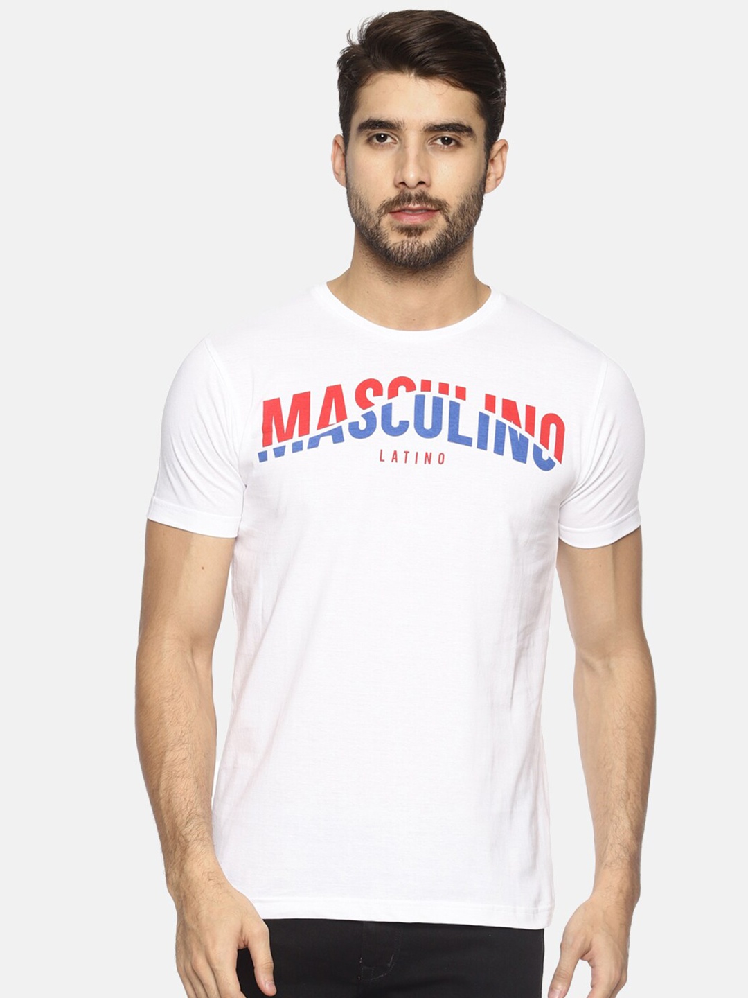 

Masculino Latino Men White & Red Brand Logo Printed Cotton T-shirt