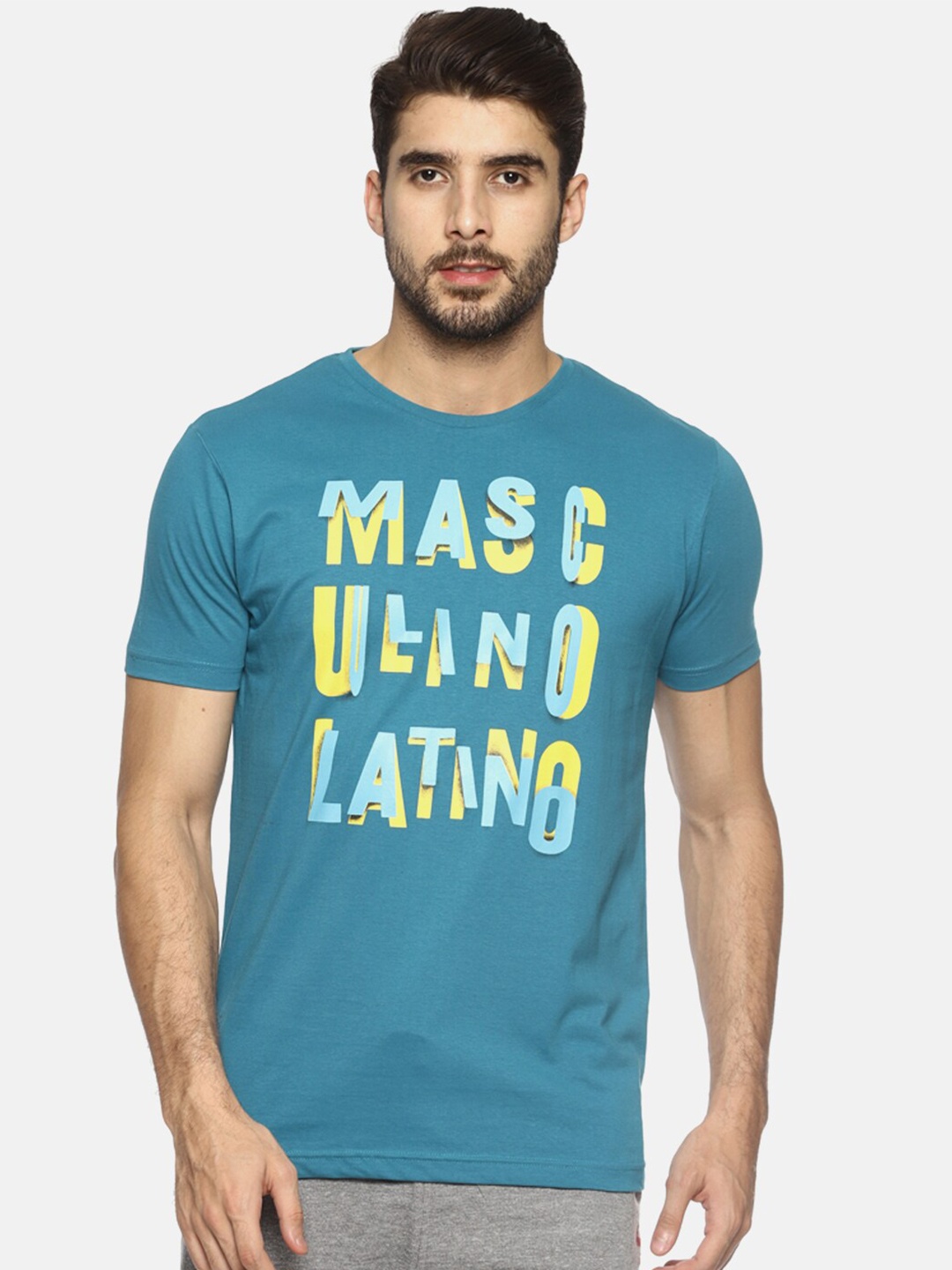 

Masculino Latino Men Teal Printed T-shirt