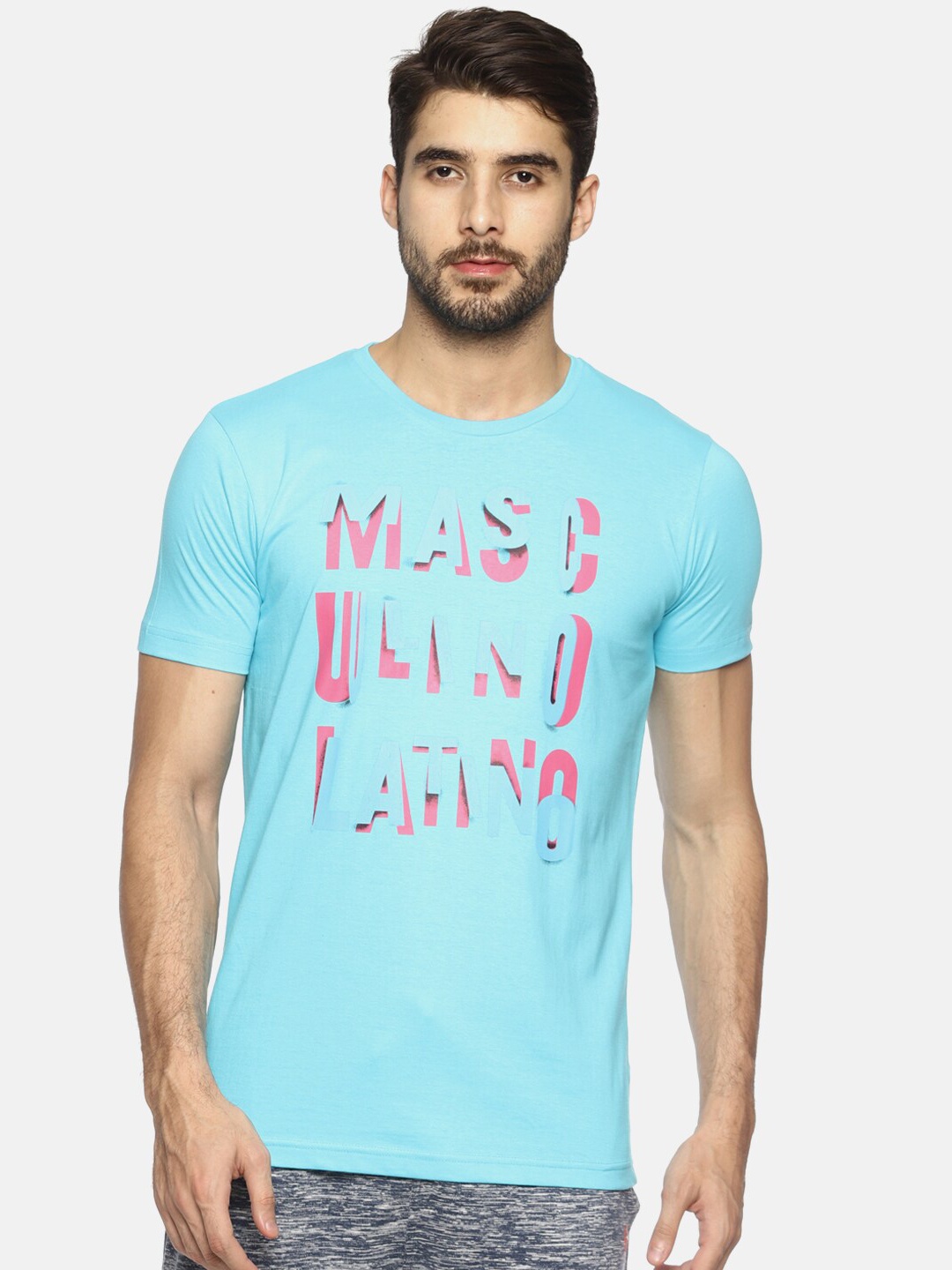 

Masculino Latino Men Turquoise Blue Printed T-shirt