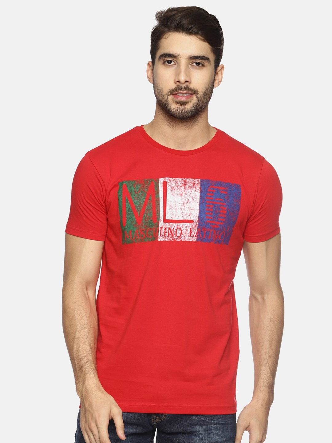 

Masculino Latino Men Red & Green Typography Printed Cotton T-shirt