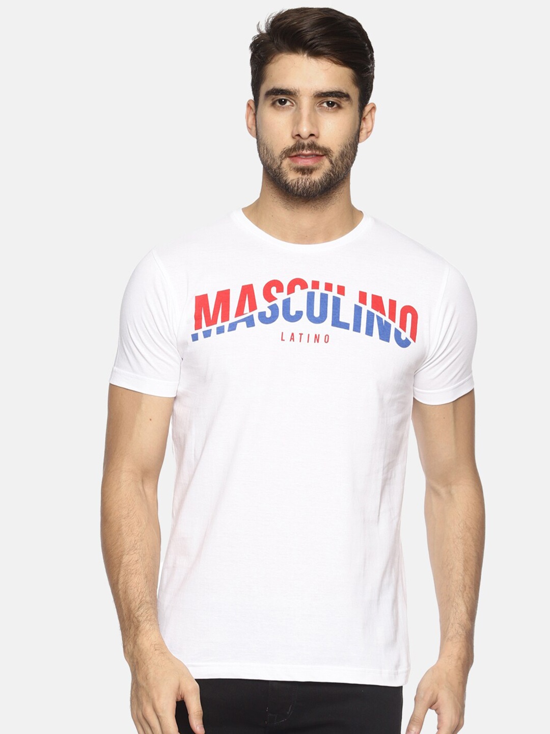 

Masculino Latino Men White Typography Printed Cotton T-shirt