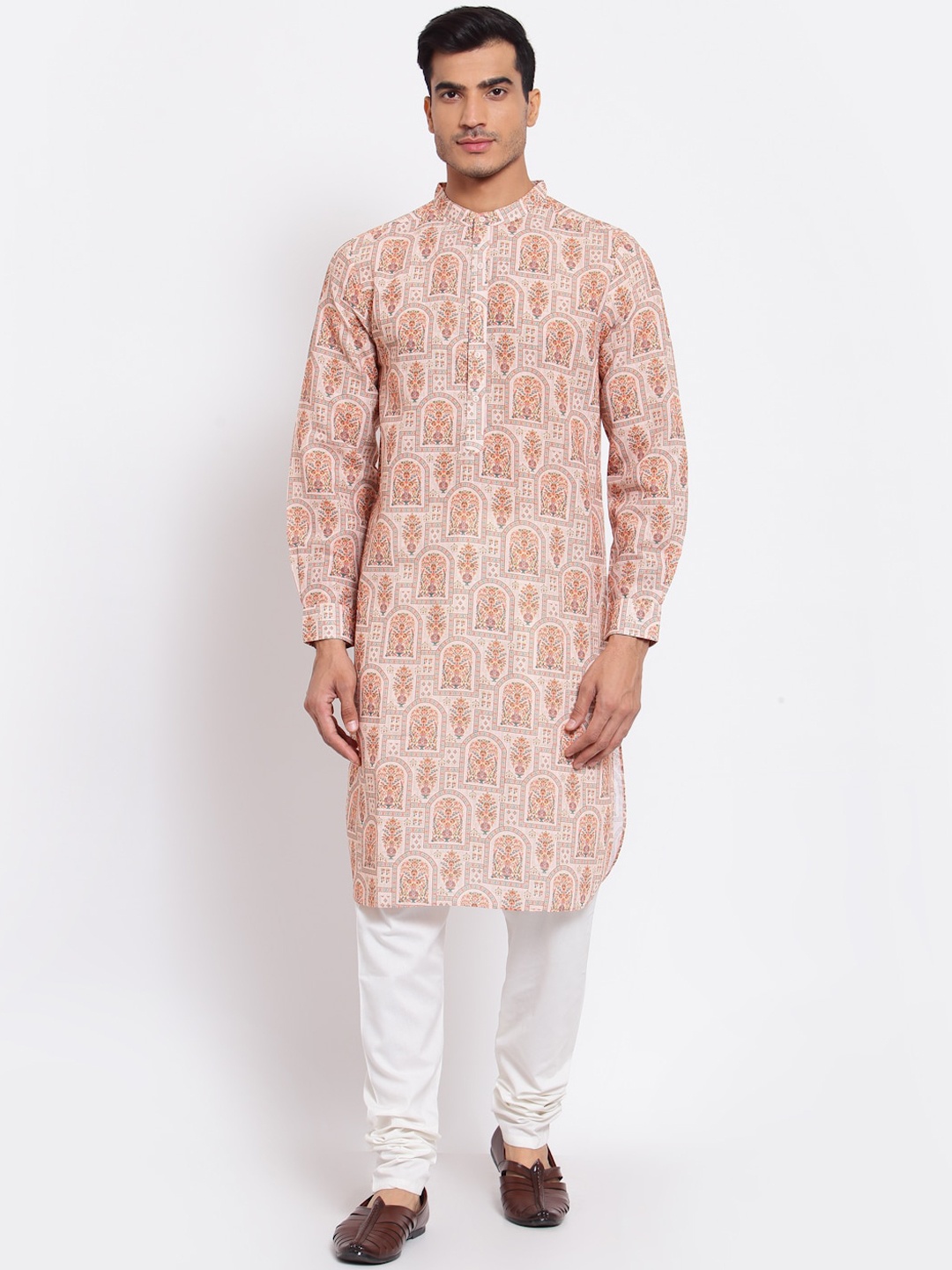 

Style Quotient Men Peach-Coloured Printed Pathani Kurta