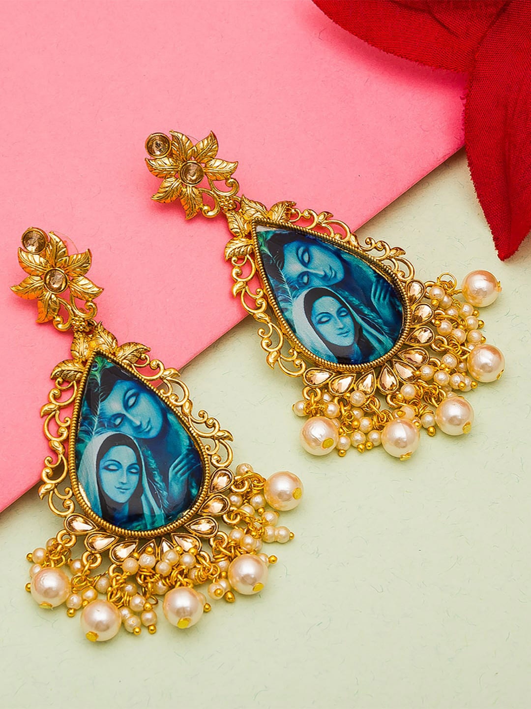 

aadita Gold-Toned Geometric Radha Krishna Drop Earrings