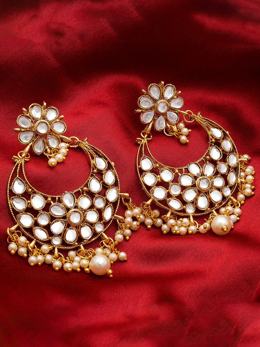 

aadita Gold-Plated White Kundan & Pearls Chandbalis Earrings