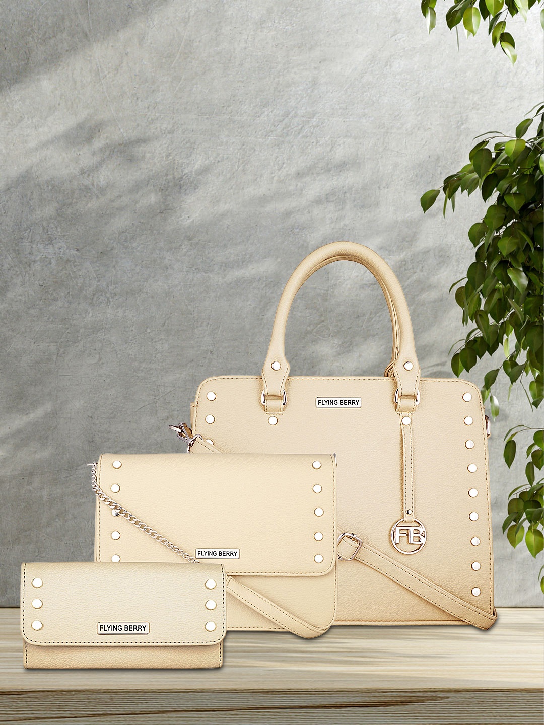 

FLYING BERRY Set of 3 Beige Structured Handbags
