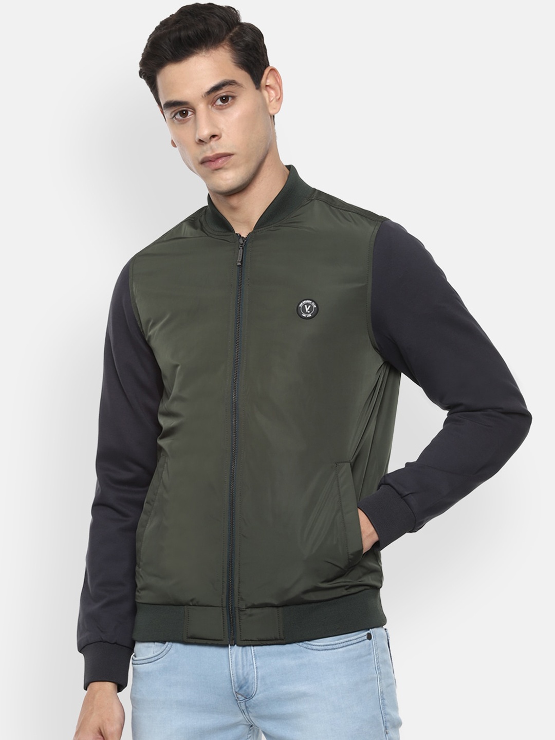 

V Dot Men Olive Green & Navy Blue Colourblocked Bomber Jacket