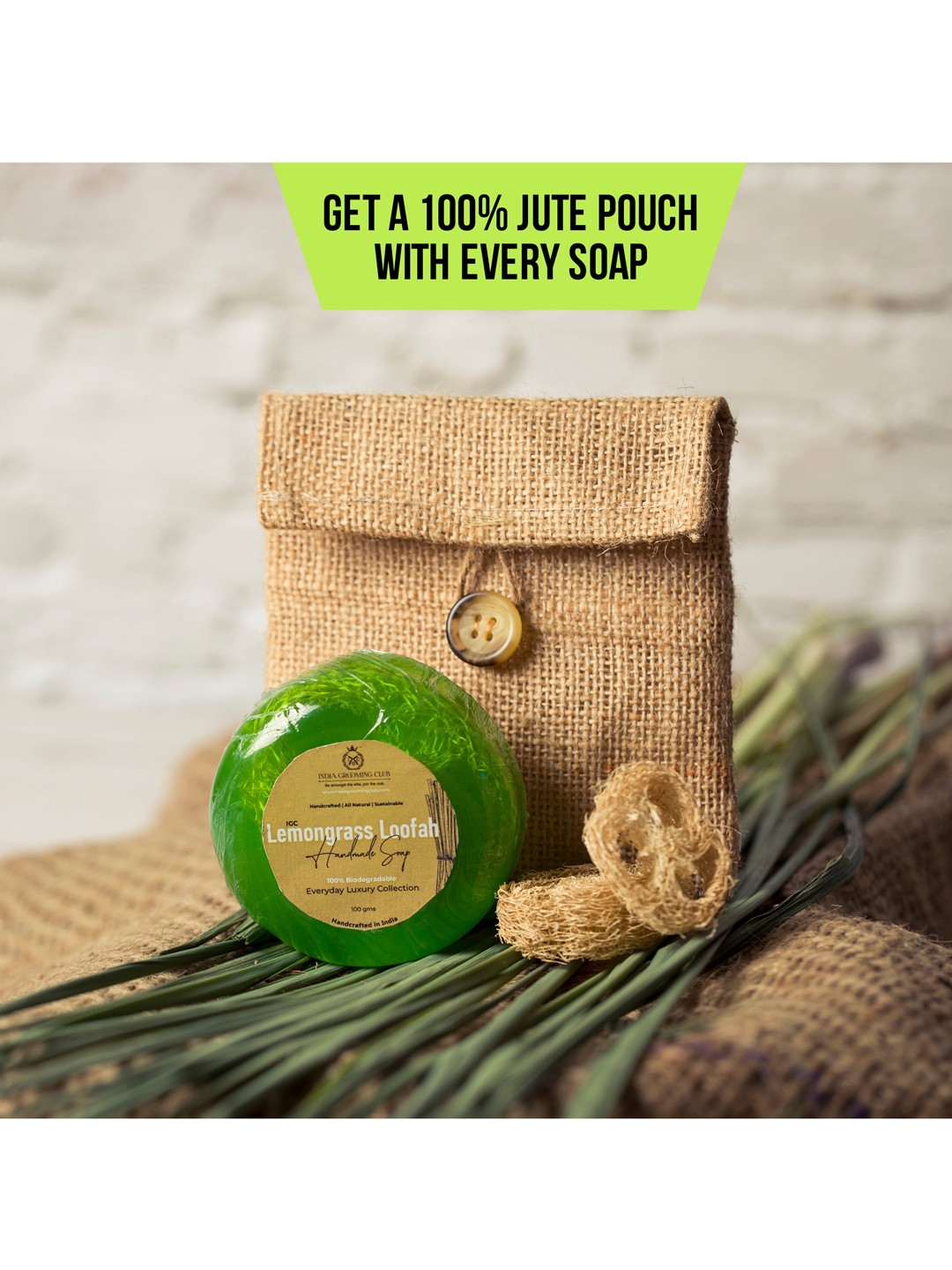 

India Grooming Club Lemon Grass Loofah Handmade Soap Bar-100g, Green