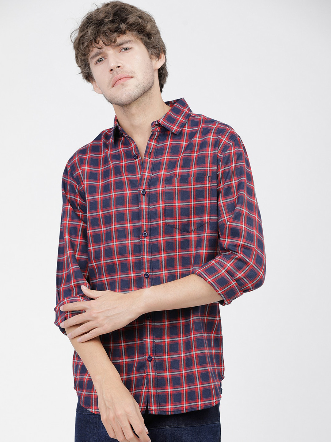 

KETCH Men Navy Blue Slim Fit Tartan Checks Casual Shirt