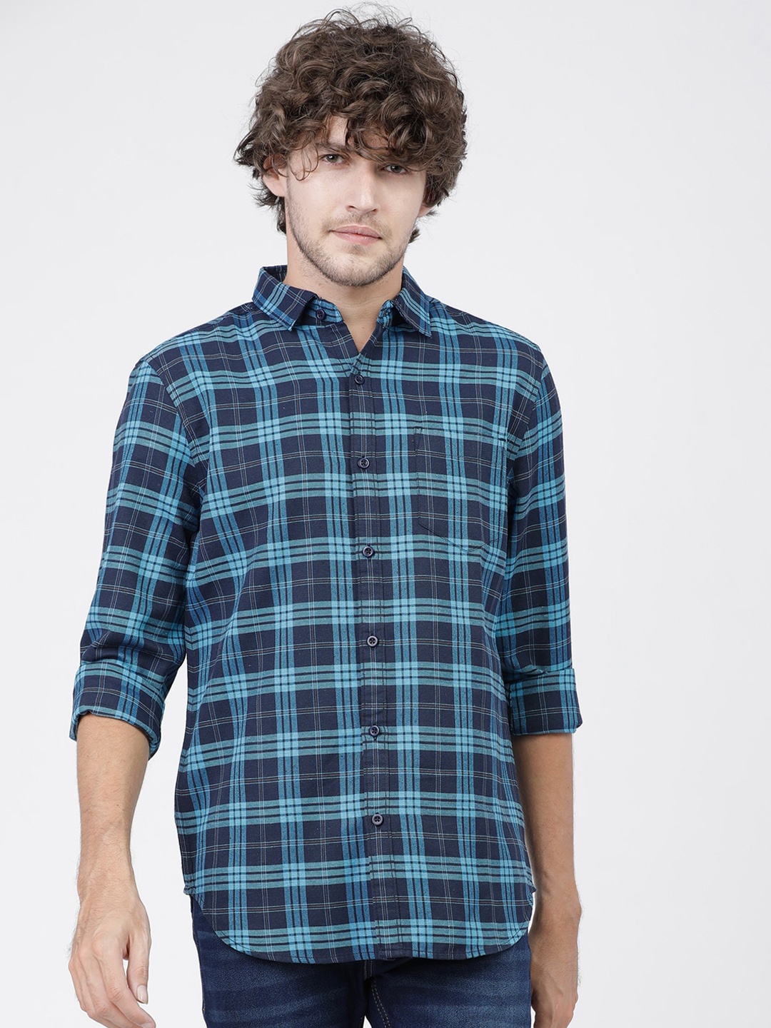 

KETCH Men Navy Blue Slim Fit Tartan Checks Checked Casual Shirt