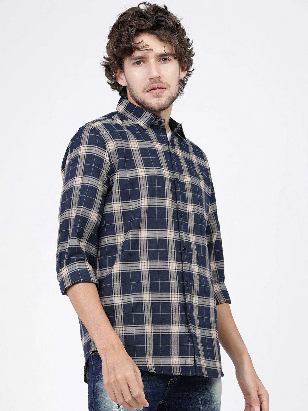 

KETCH Men Navy Blue Slim Fit Windowpane Checks Casual Shirt