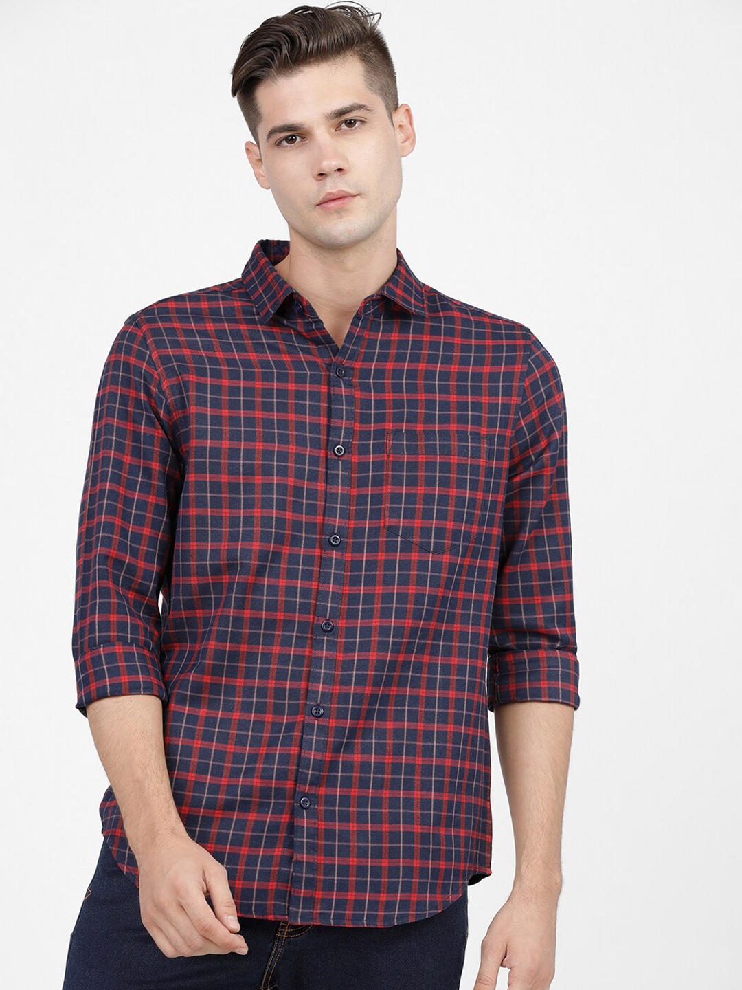 

KETCH Men Navy Blue Slim Fit Tartan Checked Casual Shirt
