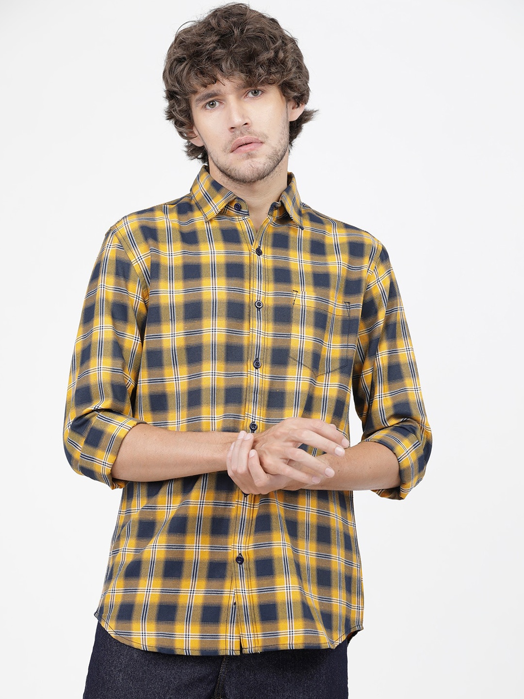 

KETCH Men Navy Blue & Yellow Slim Fit Tartan Checks Checked Casual Shirt