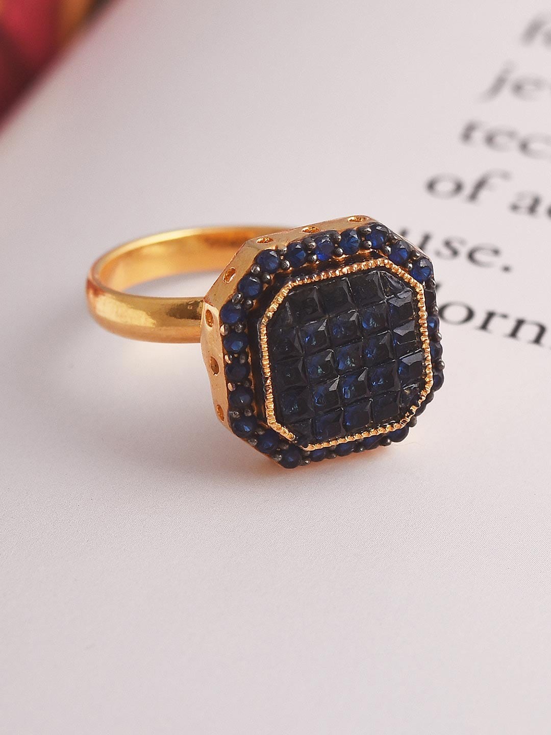 

Tistabene Gold-Toned & Navy Blue Stone-Studded Contemporary Cocktail Finger Ring