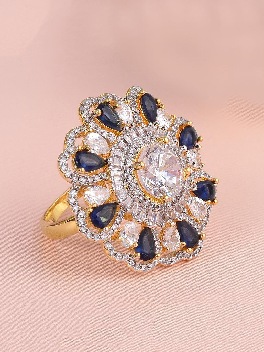

Tistabene Gold-Toned Blue & White Floral International Diamonds Studded Cocktail Ring