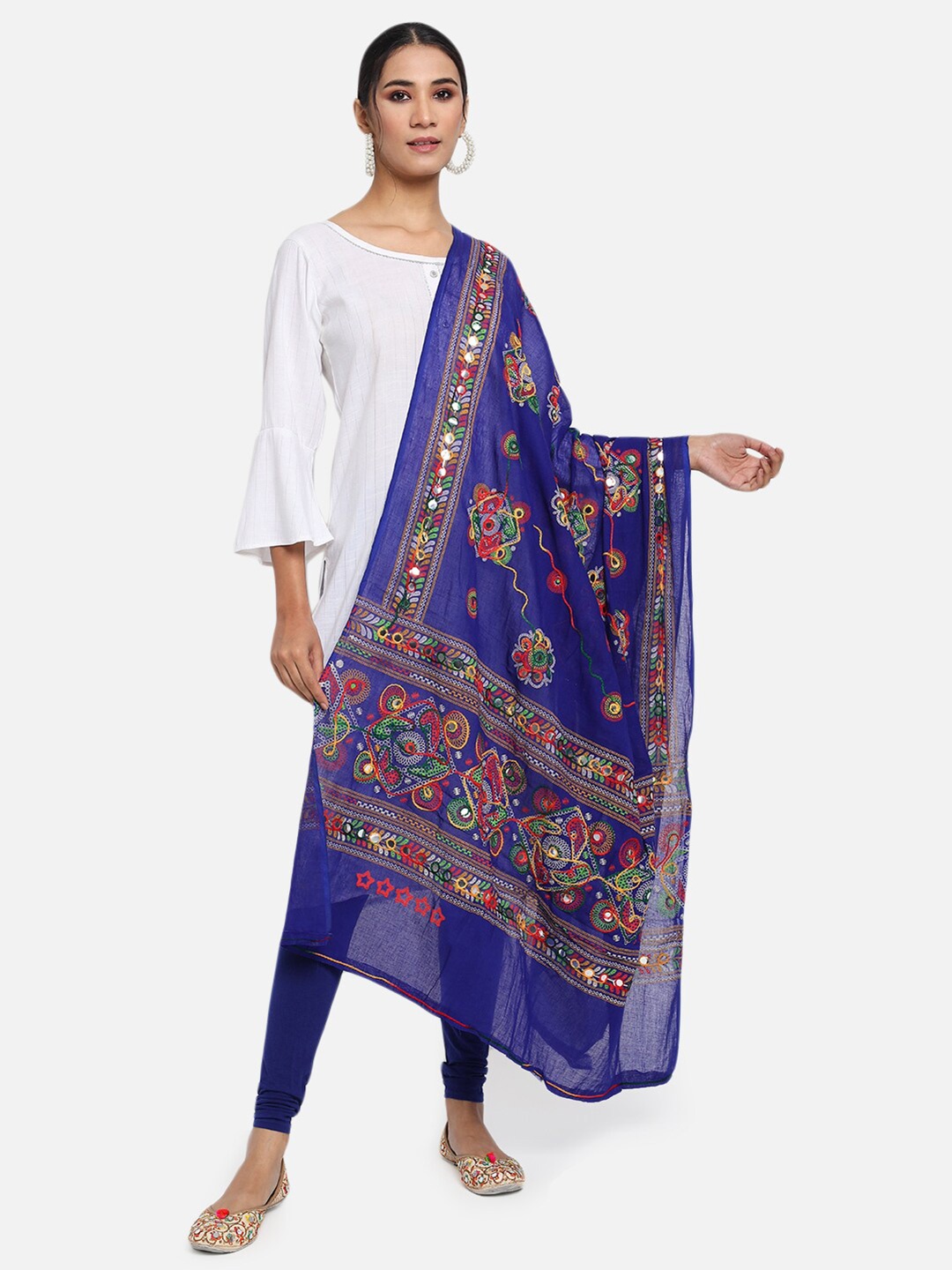 

Vastraa Fusion Blue & Multicoloured Ethnic Motifs Embroidered Pure Cotton Dupatta with Mirror Work