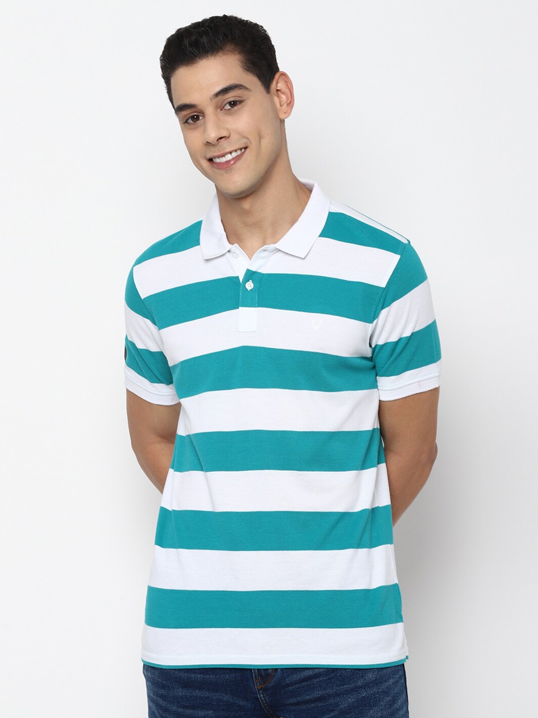 

Allen Solly Sport Men Blue & White Pure Cotton Striped Polo Collar T-shirt