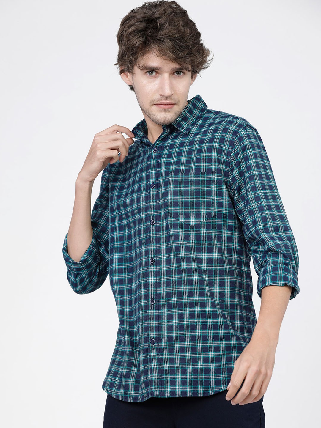 KETCH Men Navy Blue Slim Fit Buffalo Checked Casual Shirt