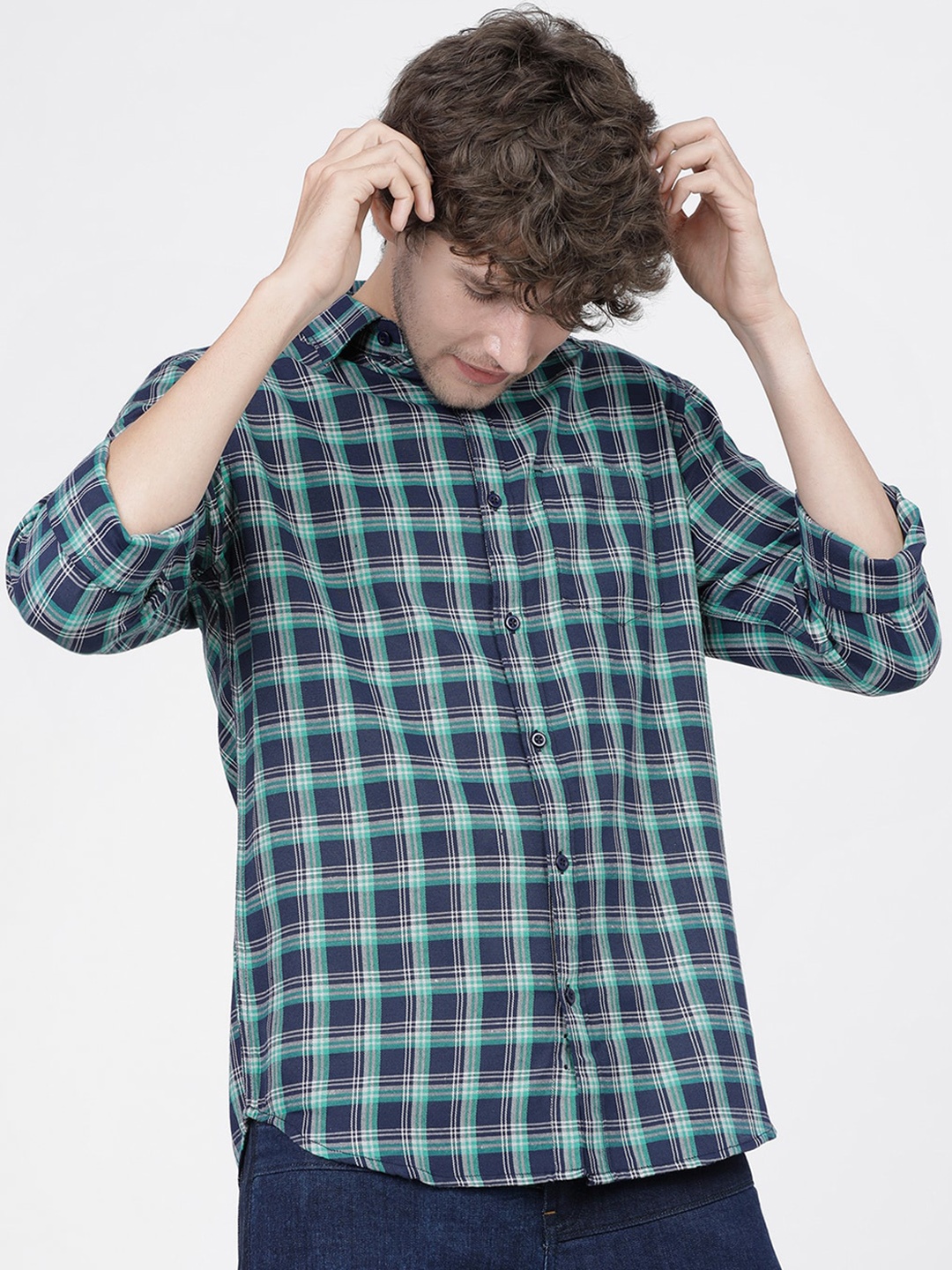 

KETCH Men Navy Blue Slim Fit Tartan Checks Checked Casual Shirt