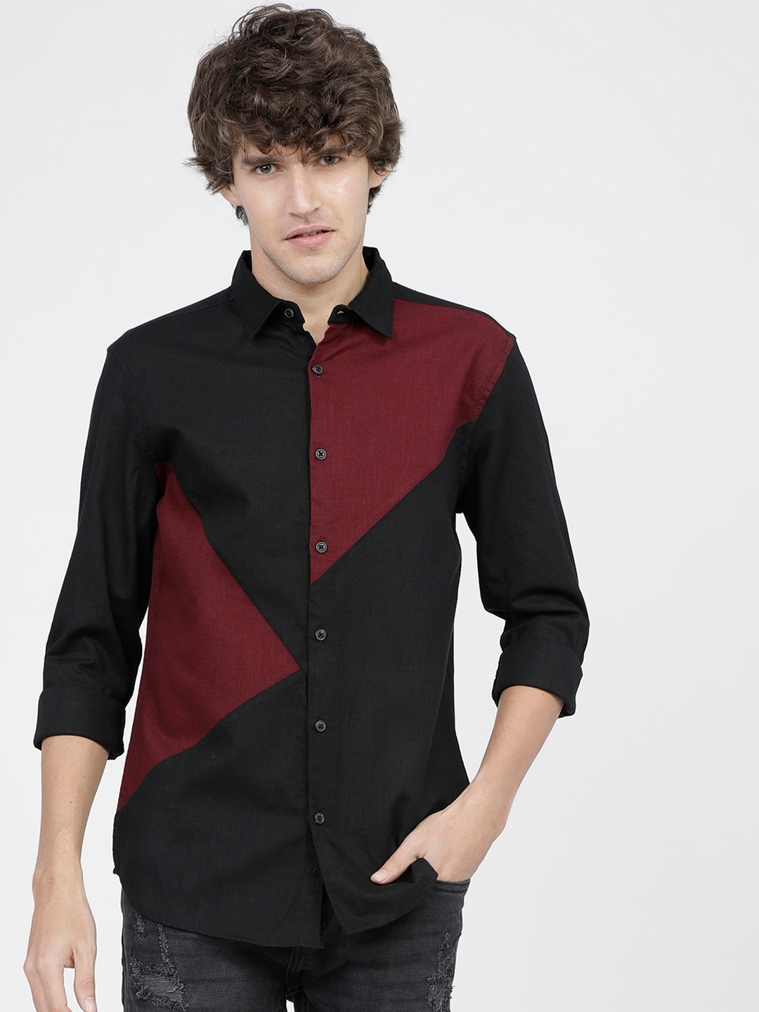 

KETCH Slim Fit Colourblocked Casual Shirt, Black
