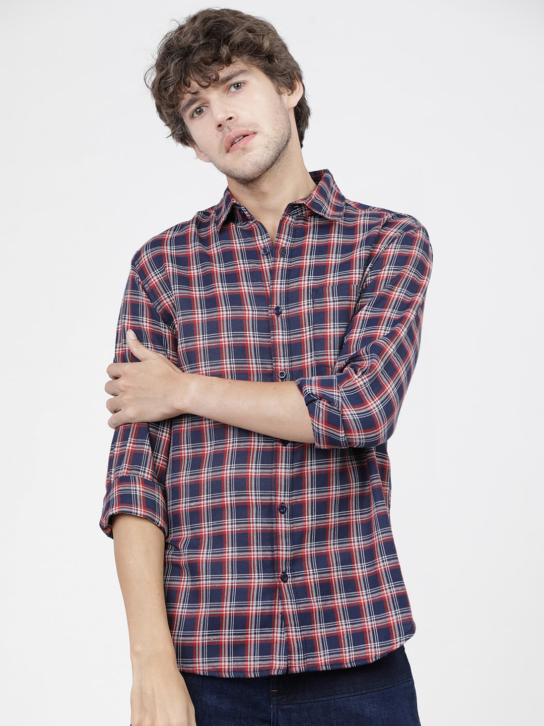 

KETCH Men Slim Fit Opaque Tartan Checked Casual Shirt, Navy blue