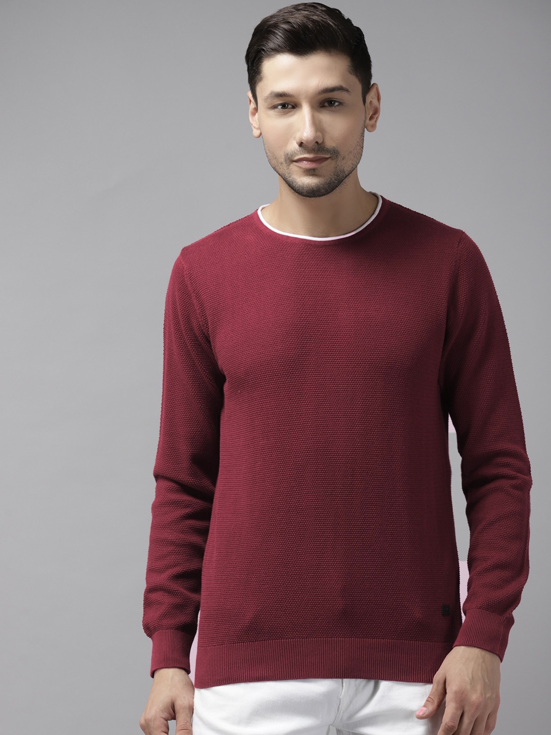 

Blackberrys Men Maroon Cotton Self Design Pullover Sweater