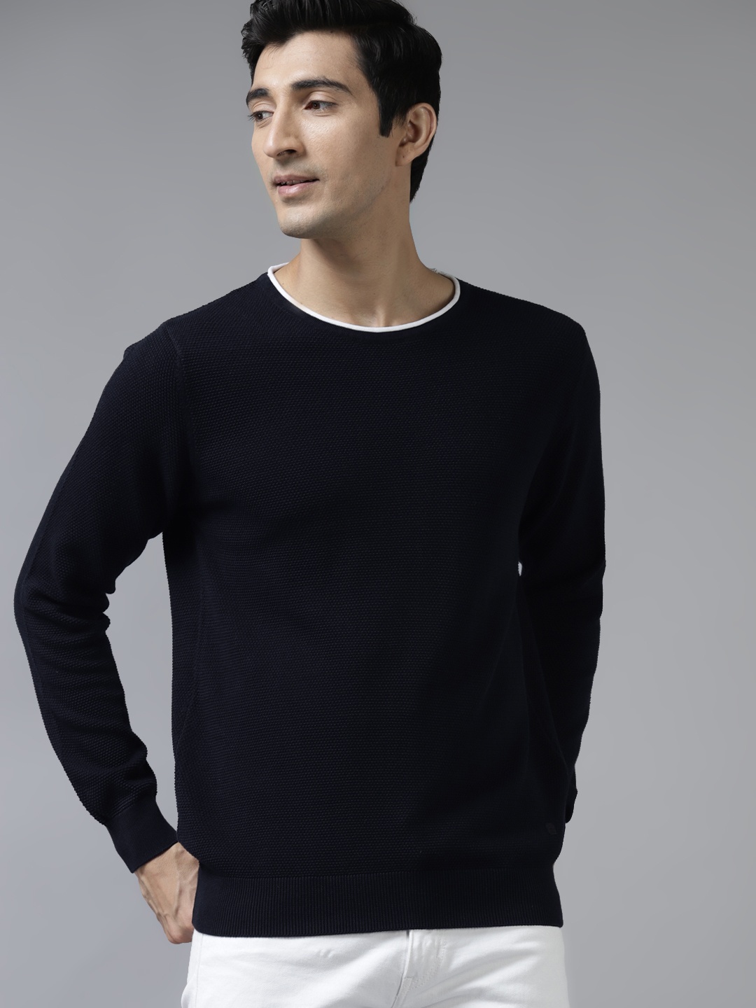 

Blackberrys Men Navy Blue Self Design Textured Pullover