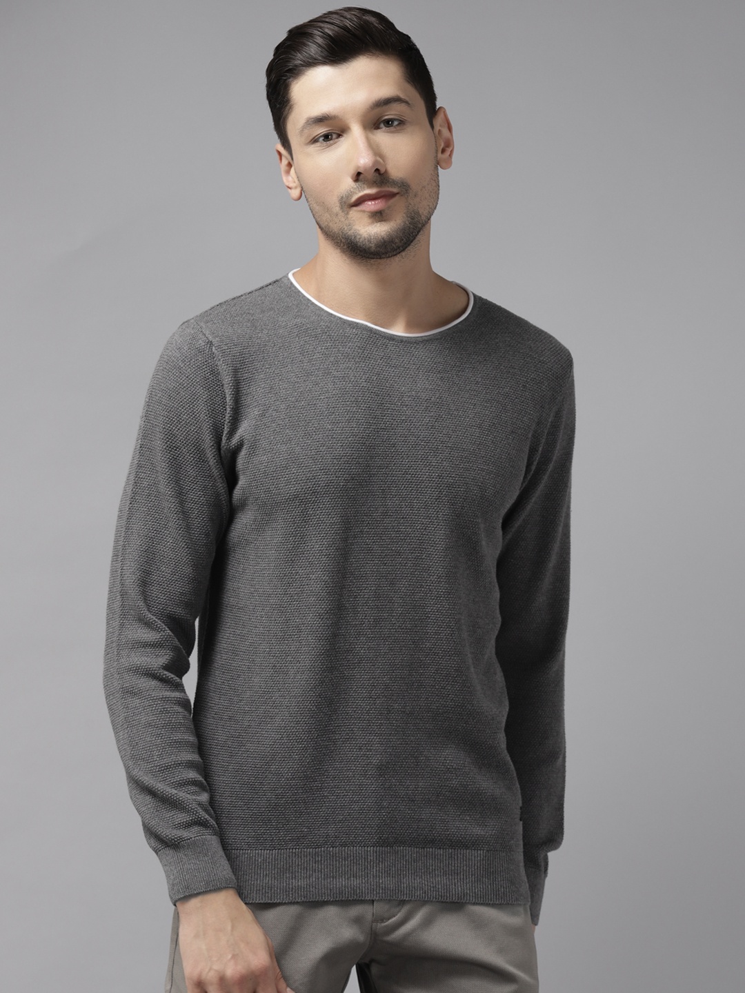 

Blackberrys Men Charcoal Grey Cotton Self Design Pullover Sweater