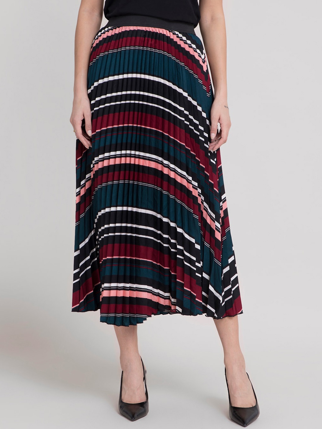 

FableStreet Women Red & Black Striped A-Line Midi Skirt