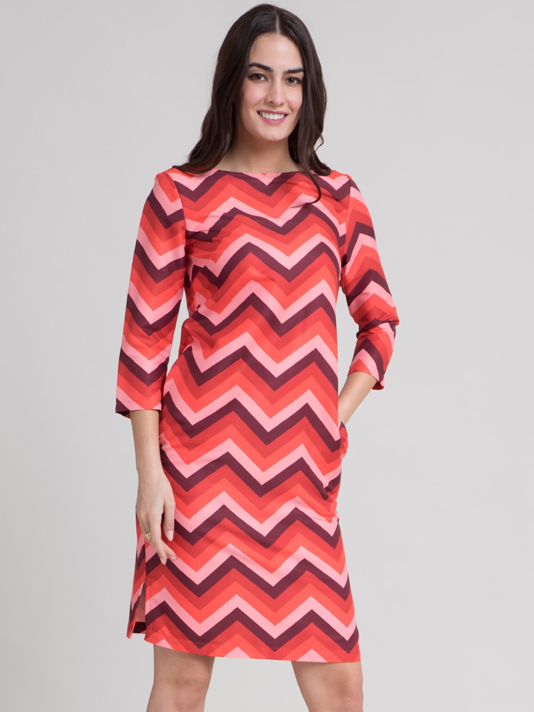 

FableStreet Red Chevron Printed Formal A-Line Dress
