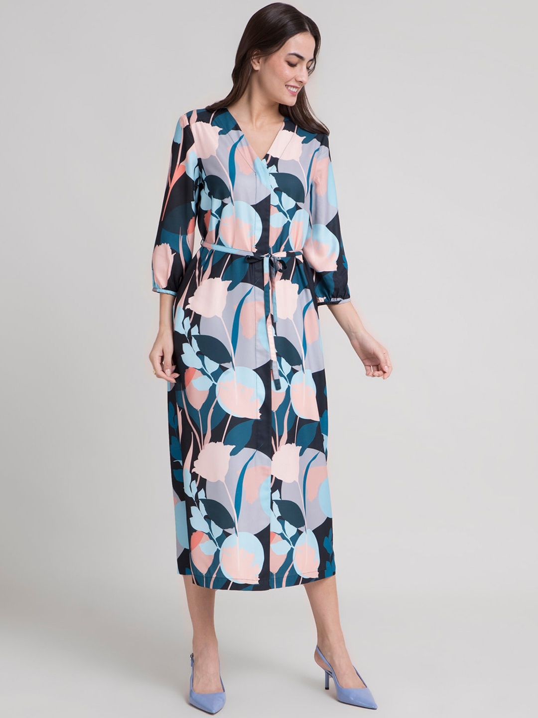 

FableStreet Navy Blue & Pink Floral Printed Formal Shirt Midi Dress