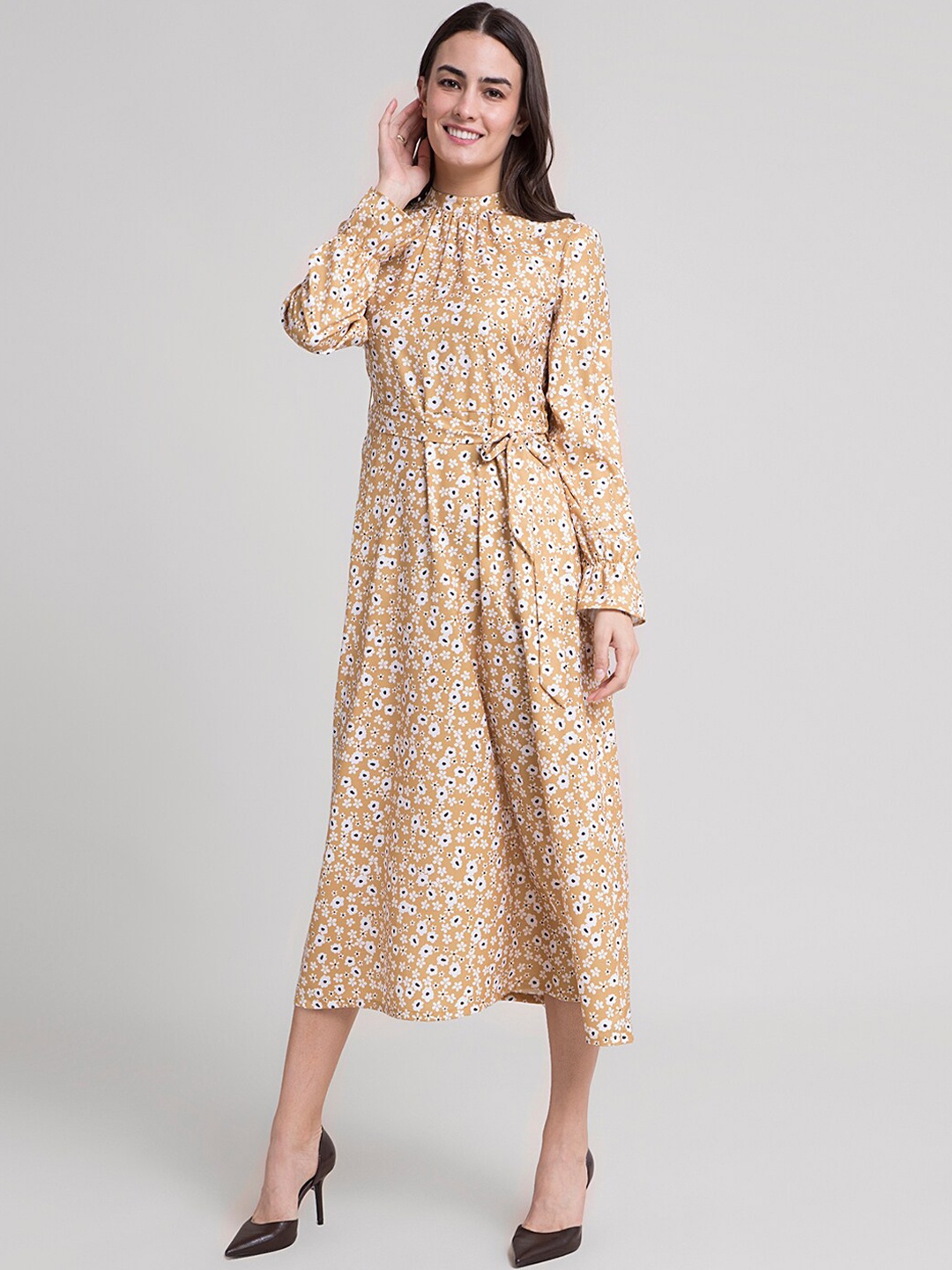 

FableStreet Mustard Yellow & White Floral Printed A-Line Midi Dress