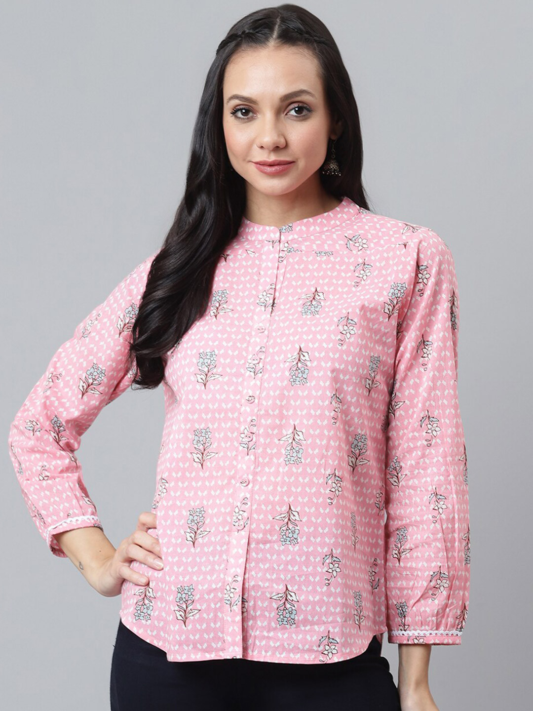

QOMN Pink & White Ethnic Motifs Printed Mandarin Collar Pure Cotton Shirt Style Top