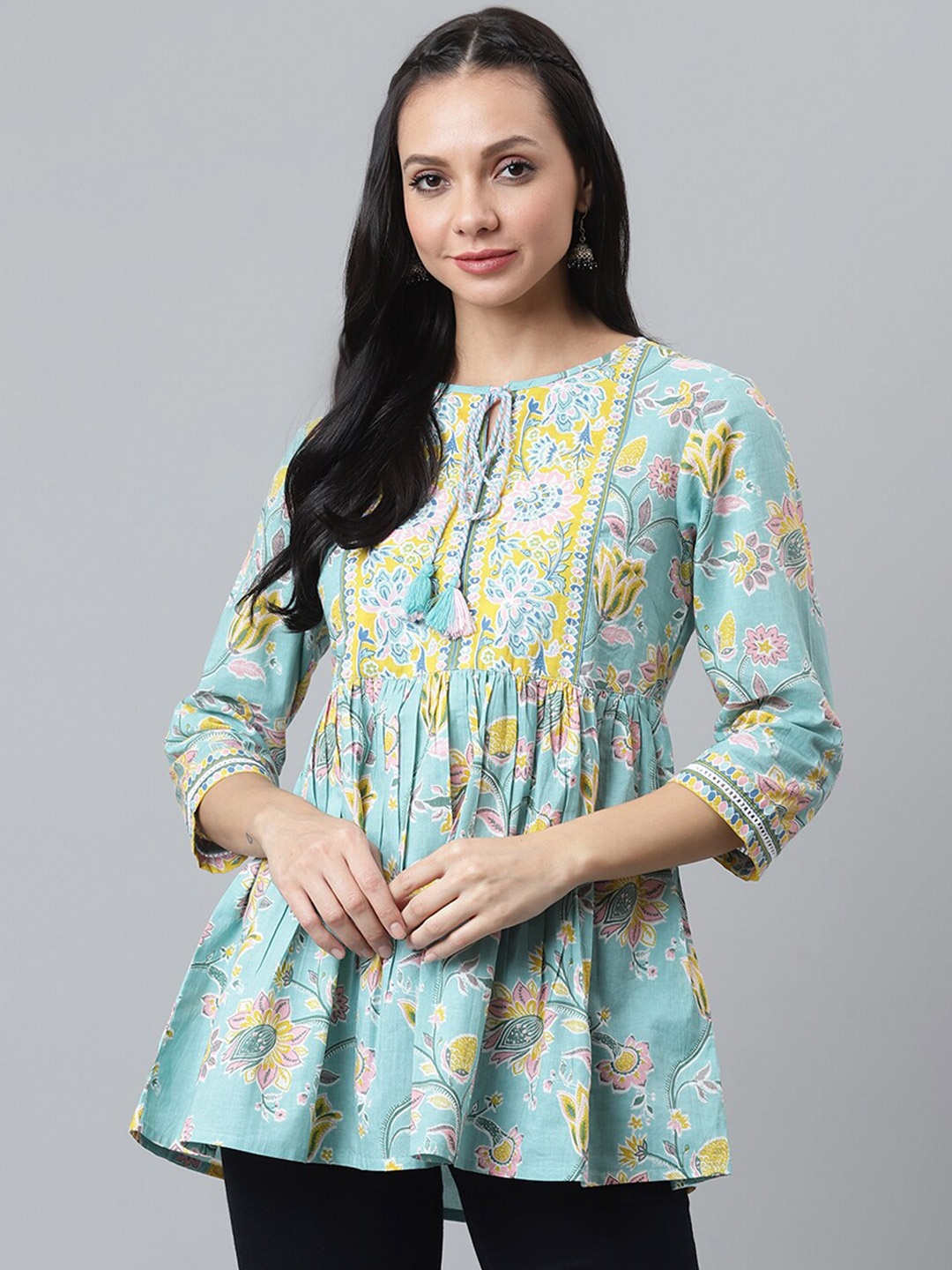 

QOMN Sea Green & Yellow Tie-Up Neck Pure Cotton Empire Top
