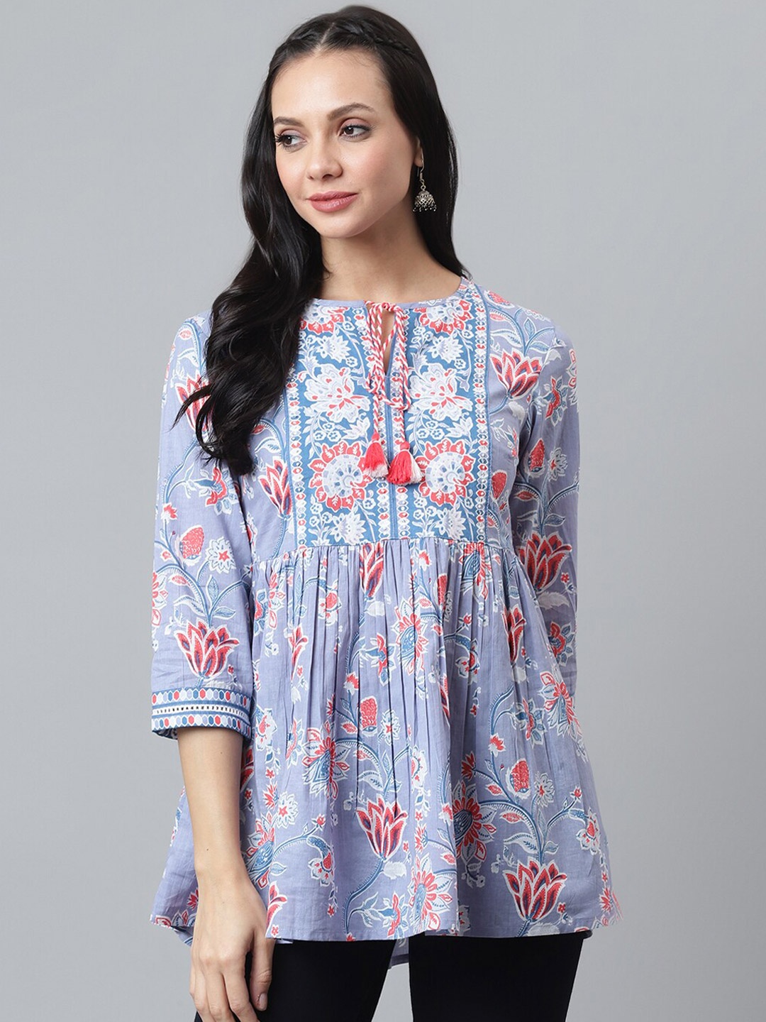 

QOMN Blue & Multicoloured Floral Tie-Up Neck Cinched Waist Top