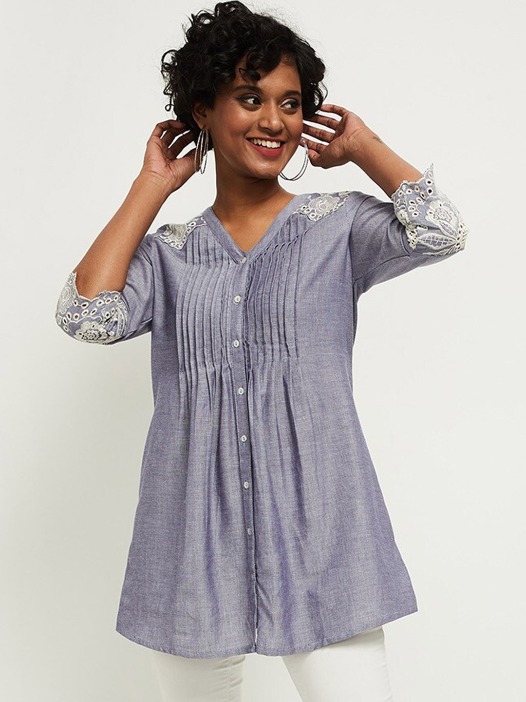 

max Blue Extended Sleeves Empire Top