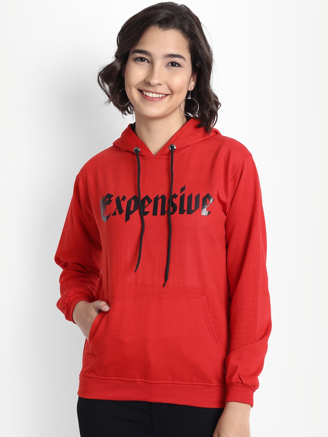 

BROADSTAR Women Red Hooded Printed Cotton Sweatshirt