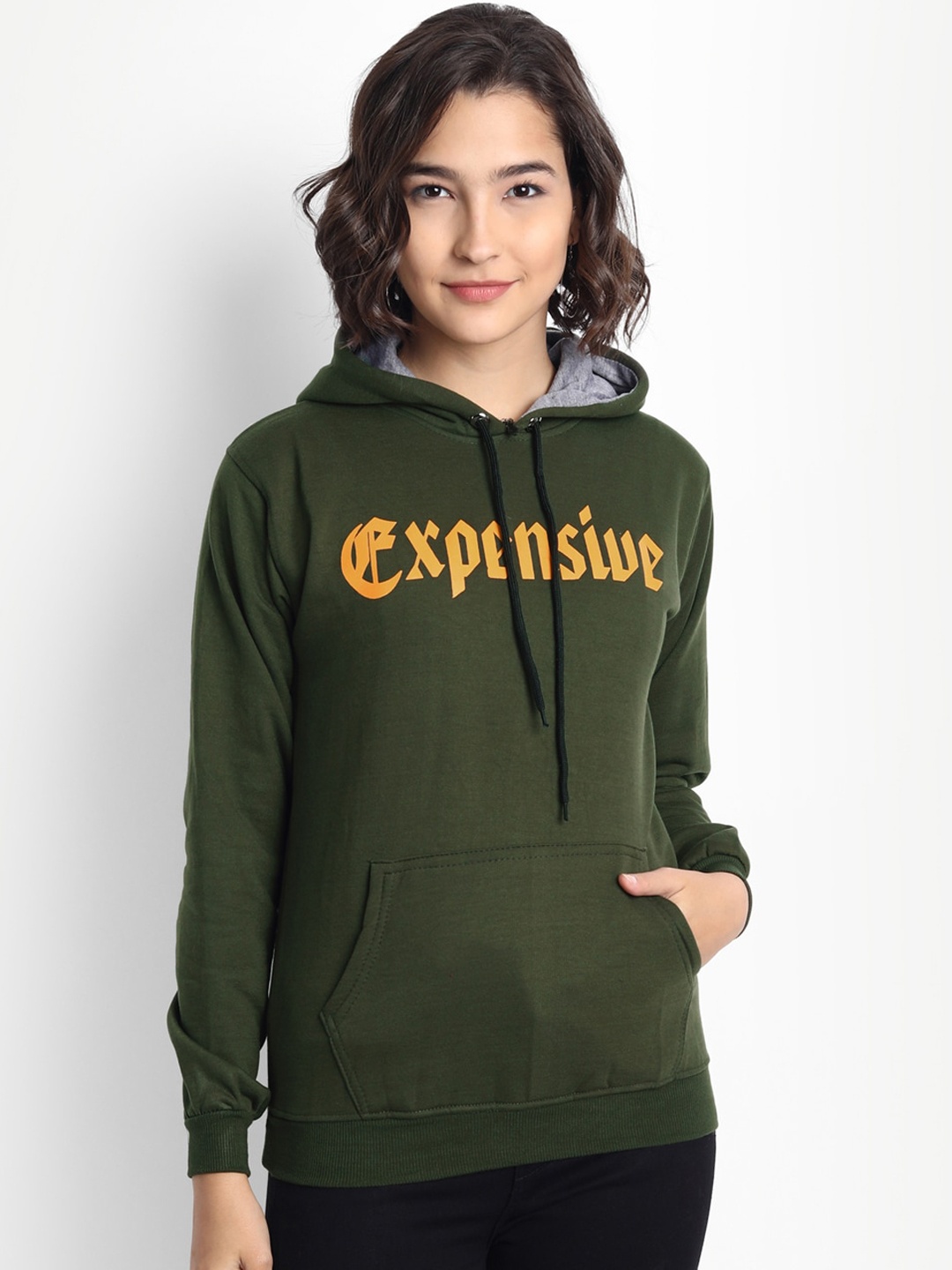 

BROADSTAR Women Olive Green & Yellow Printed Cotton Fleece Hooded Sweatshirt