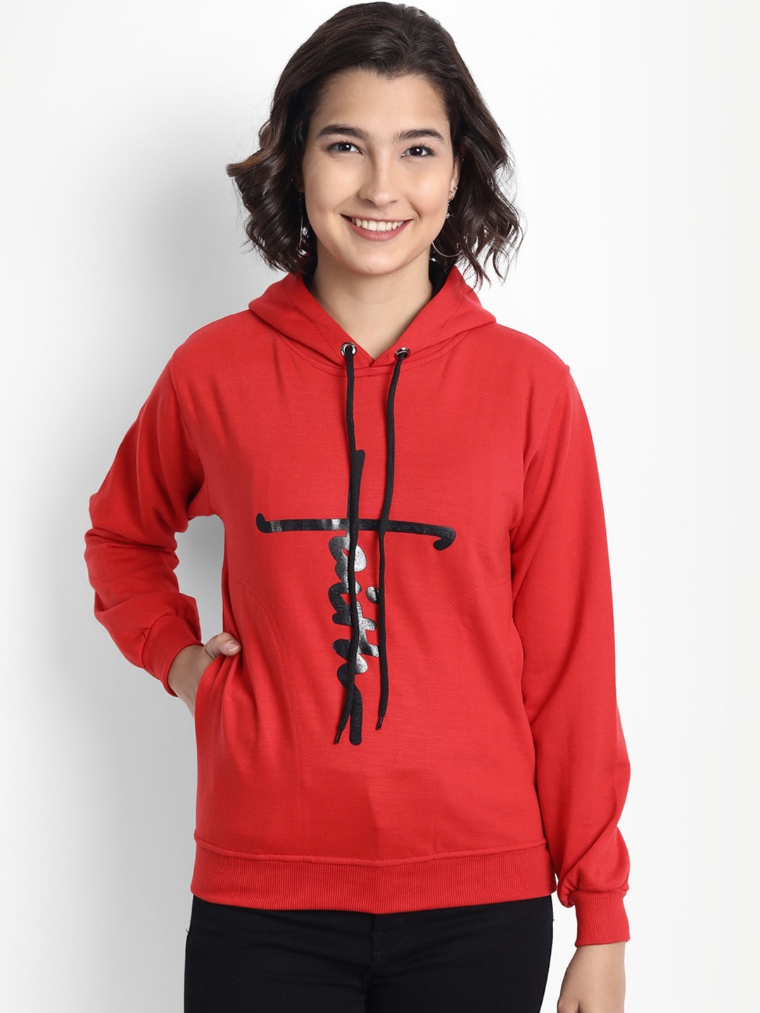 

BROADSTAR Women Red Hooded Cotton Sweatshirt