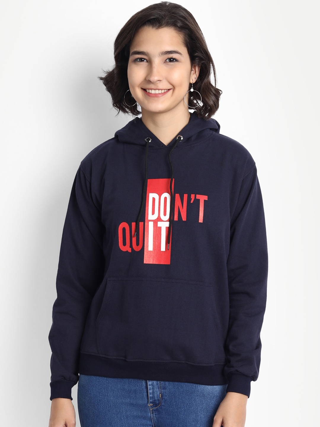 

BROADSTAR Women Navy Blue Printed Hooded Sweatshirt
