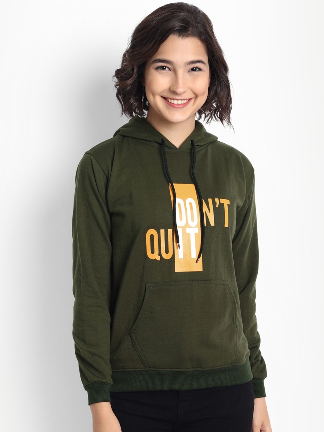 

BROADSTAR Women Olive Green Typography Printed Hooded Sweatshirt