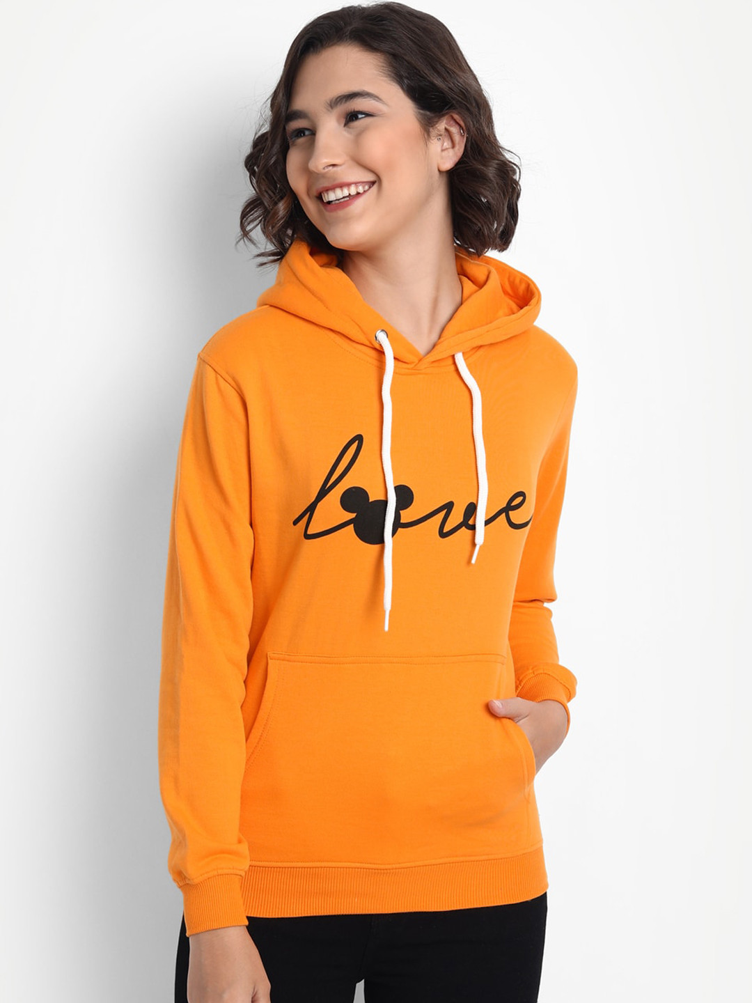 

BROADSTAR Women Mustard Typography Printed Hooded Sweatshirt