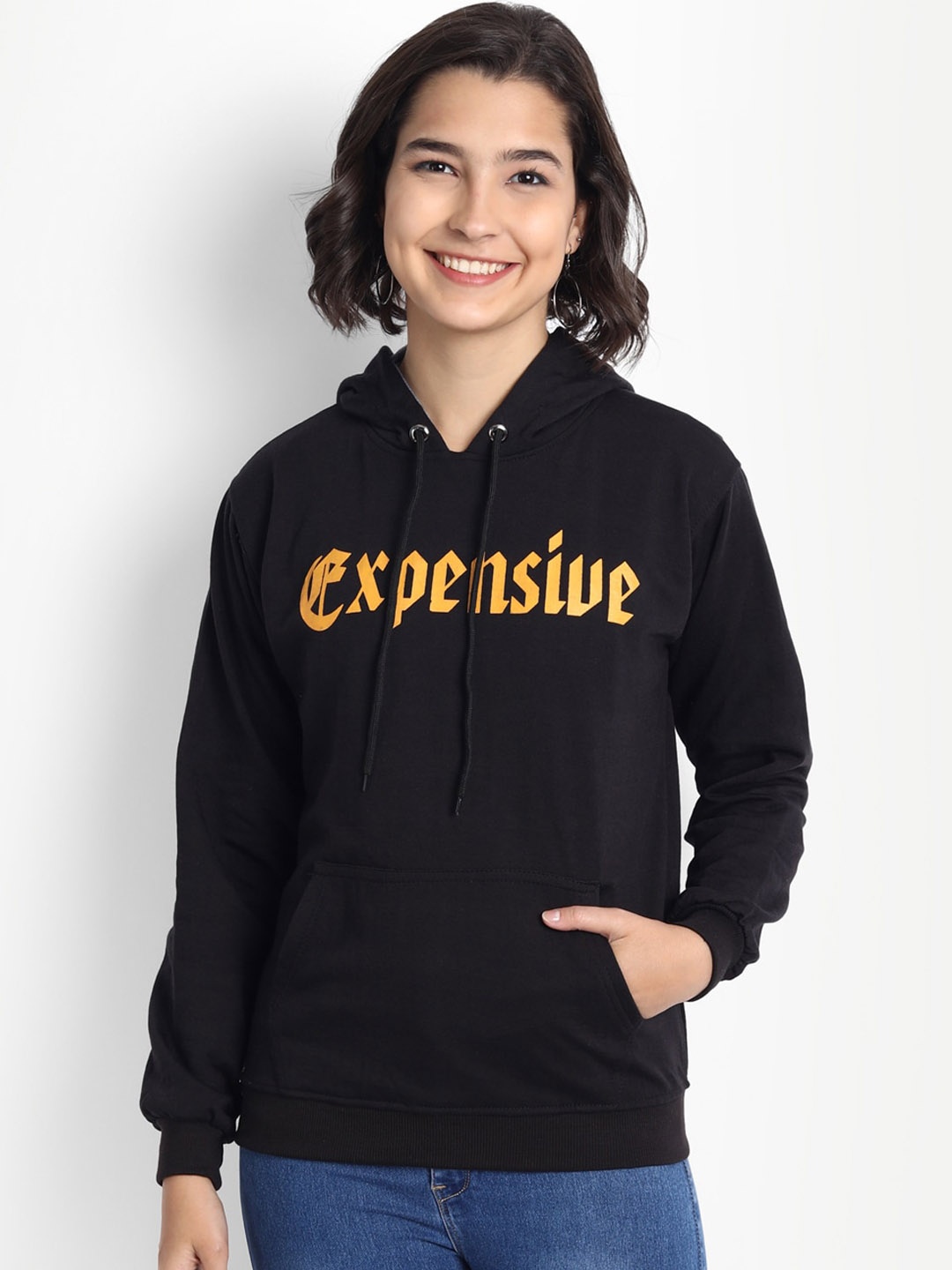 

BROADSTAR Women Black Printed Hooded Sweatshirt