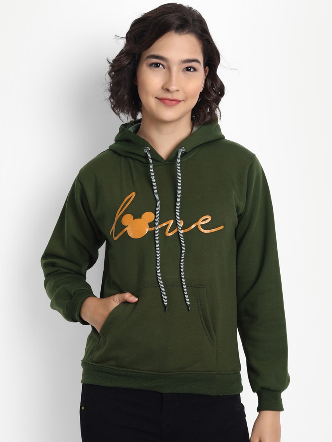 

BROADSTAR Women Olive Green Printed Fleece Hooded Sweatshirt