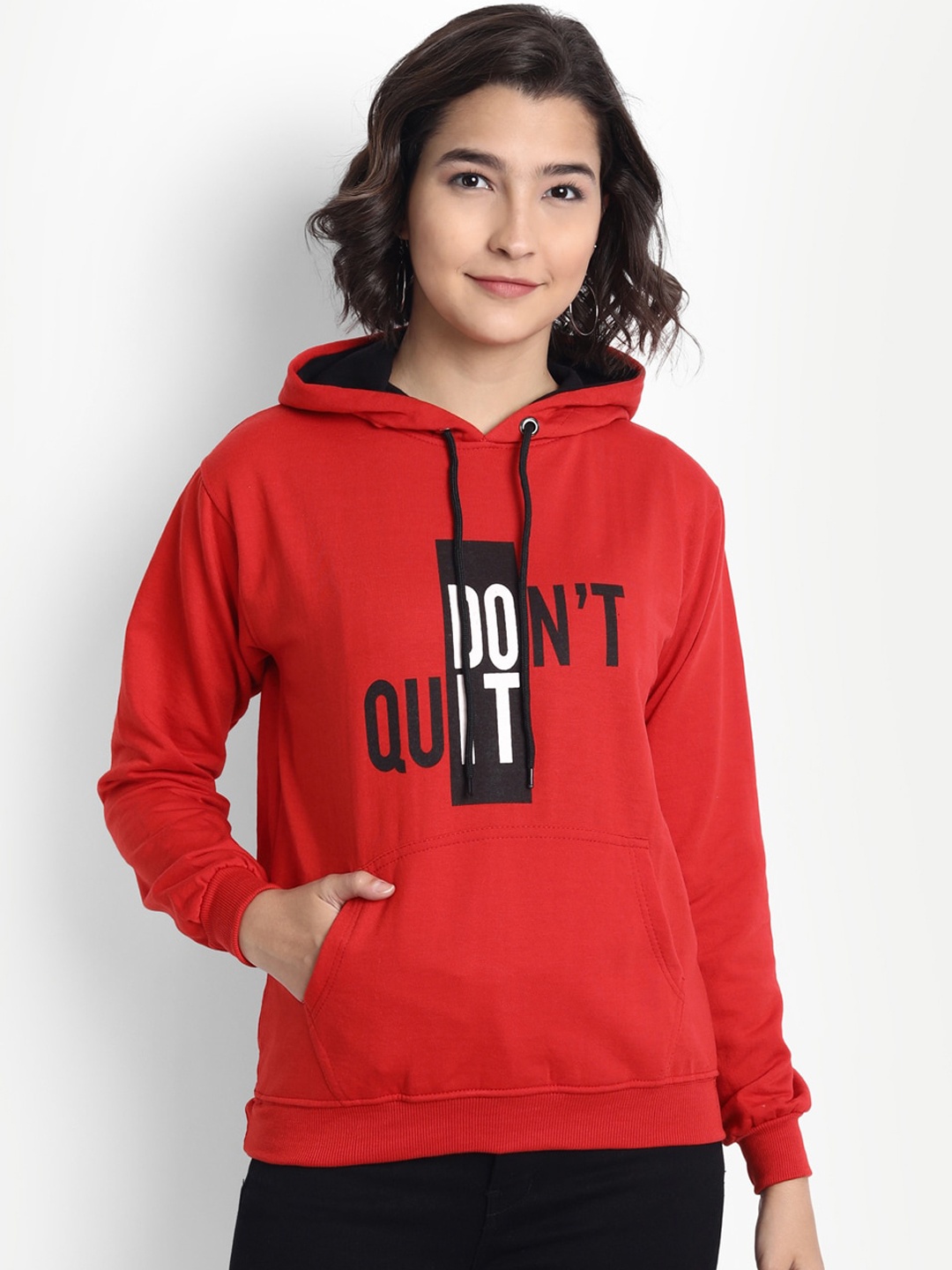 

BROADSTAR Women Red Printed Hooded Cotton Sweatshirt