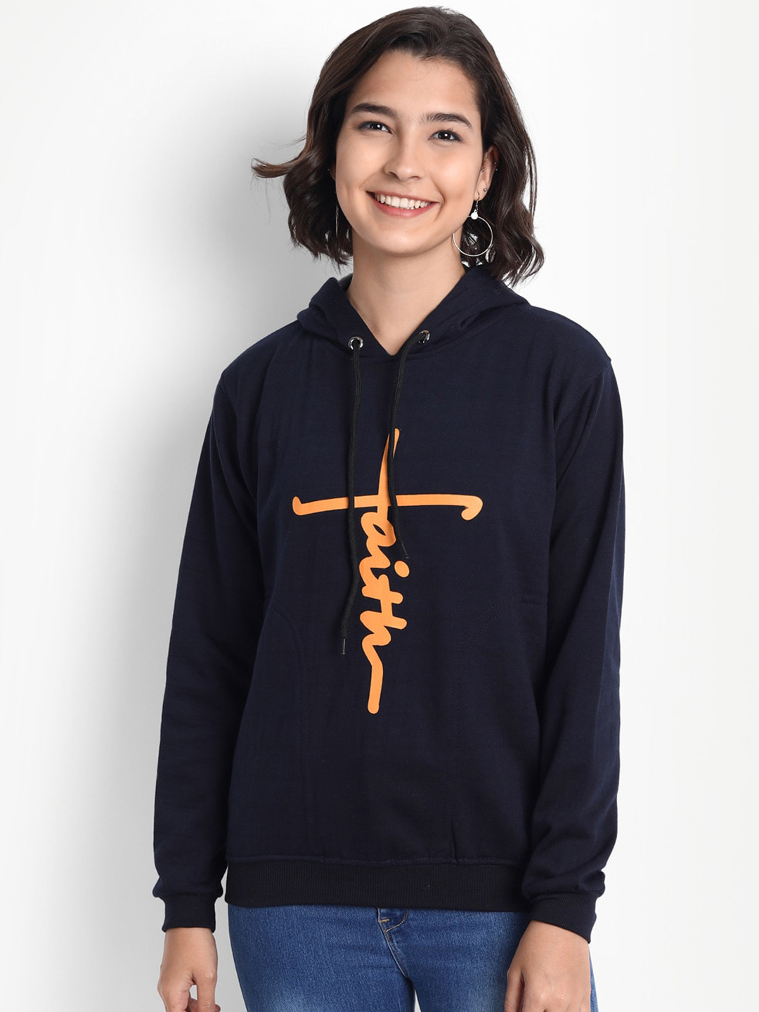 

BROADSTAR Women Navy Blue Printed Hooded Sweatshirt