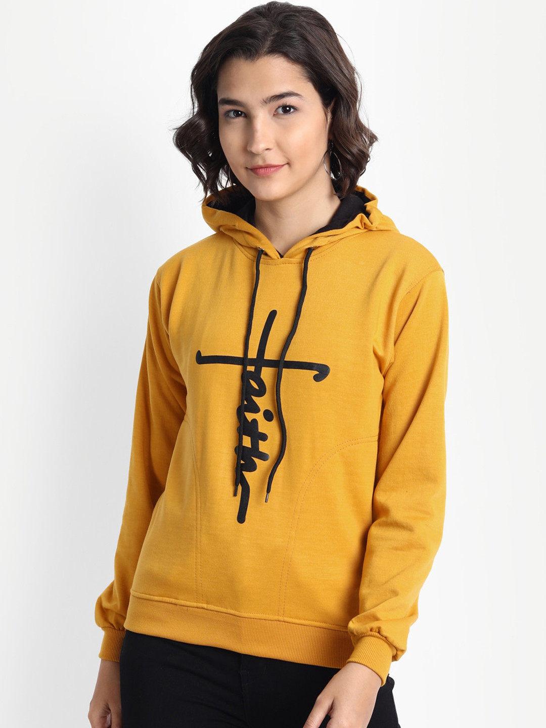 

BROADSTAR Women Mustard Printed Hooded Sweatshirt