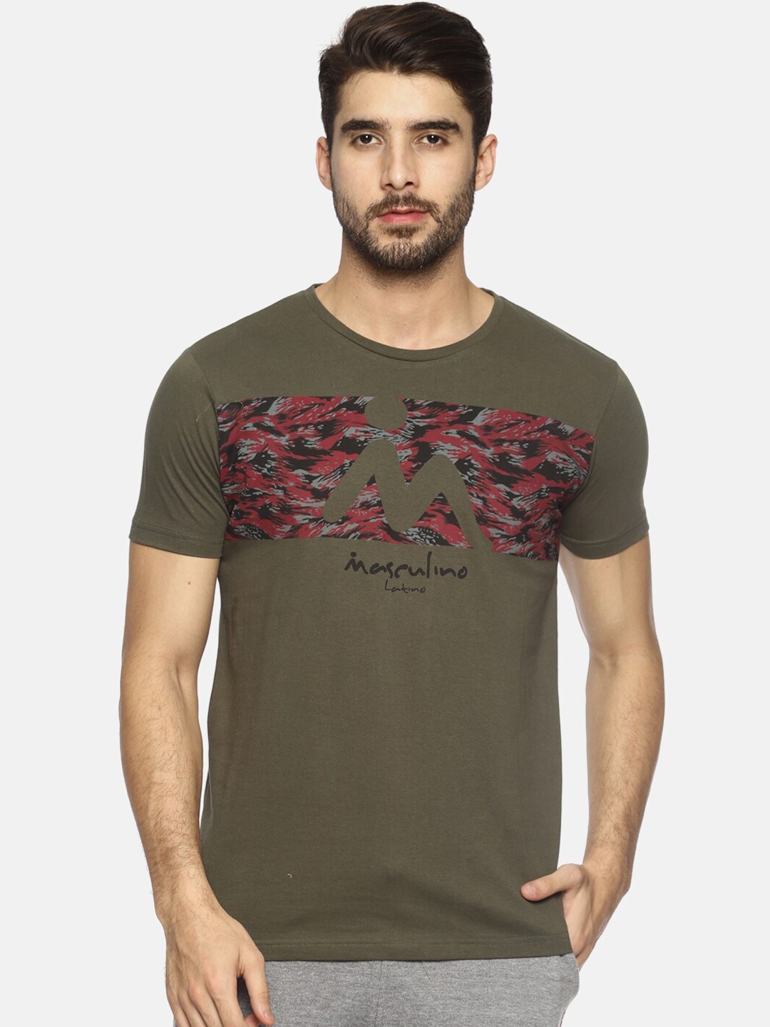

Masculino Latino Men Olive Green Printed Pure Cotton T-shirt