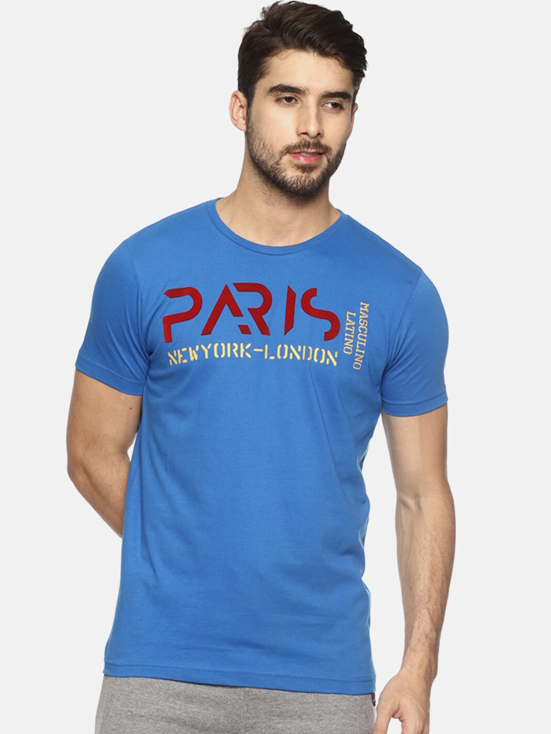 Masculino Latino Men Blue Typography Printed Cotton T-shirt