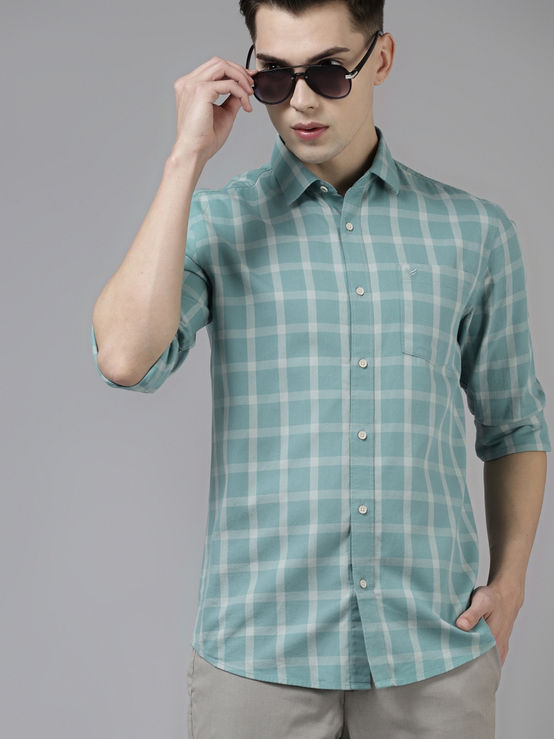 

Blackberrys Men Green Pure Cotton India Slim Fit Windowpane Checks Casual Shirt