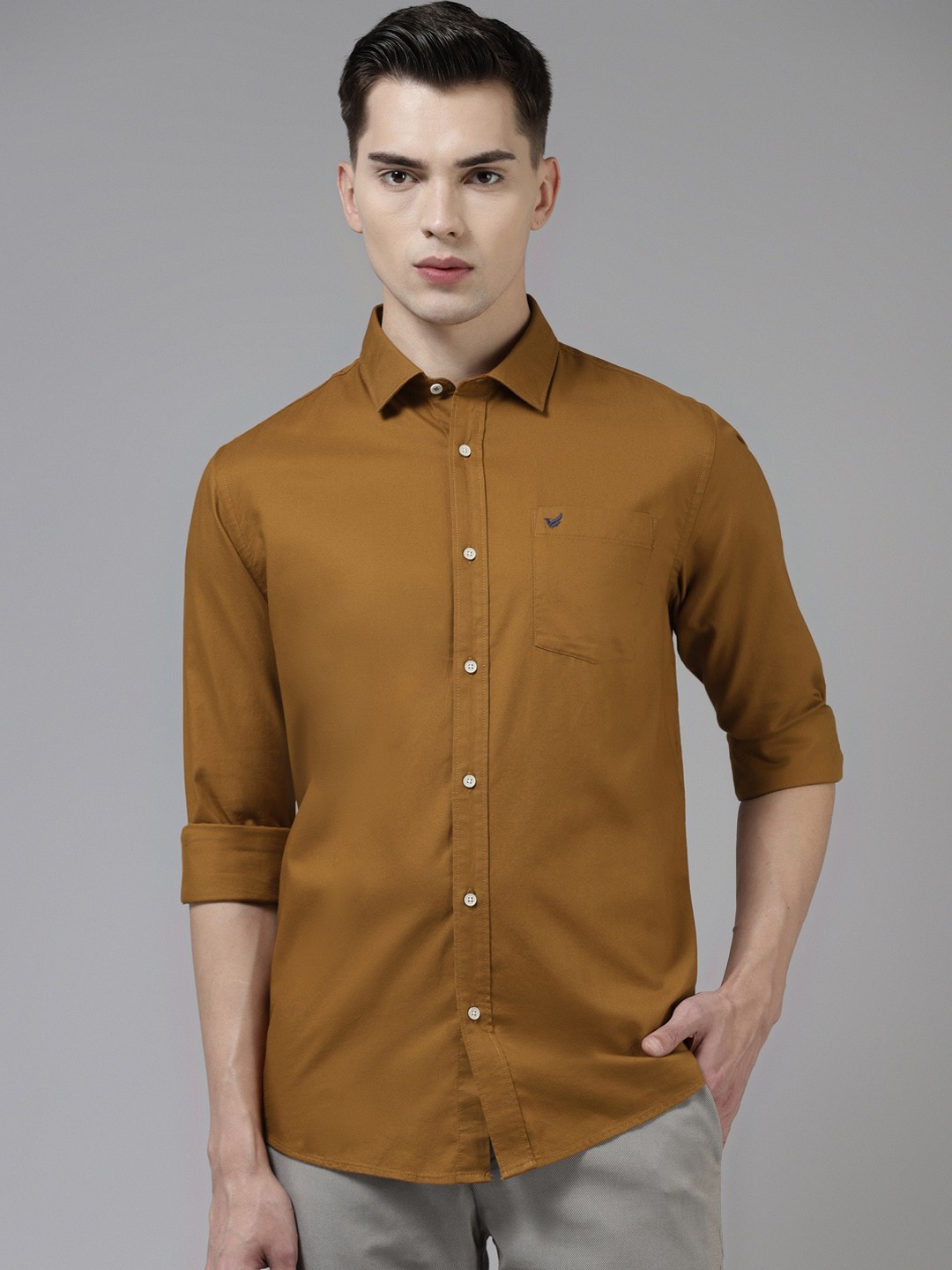 

Blackberrys Men Mustard Brown Pure Cotton Solid India Slim Fit Casual Shirt